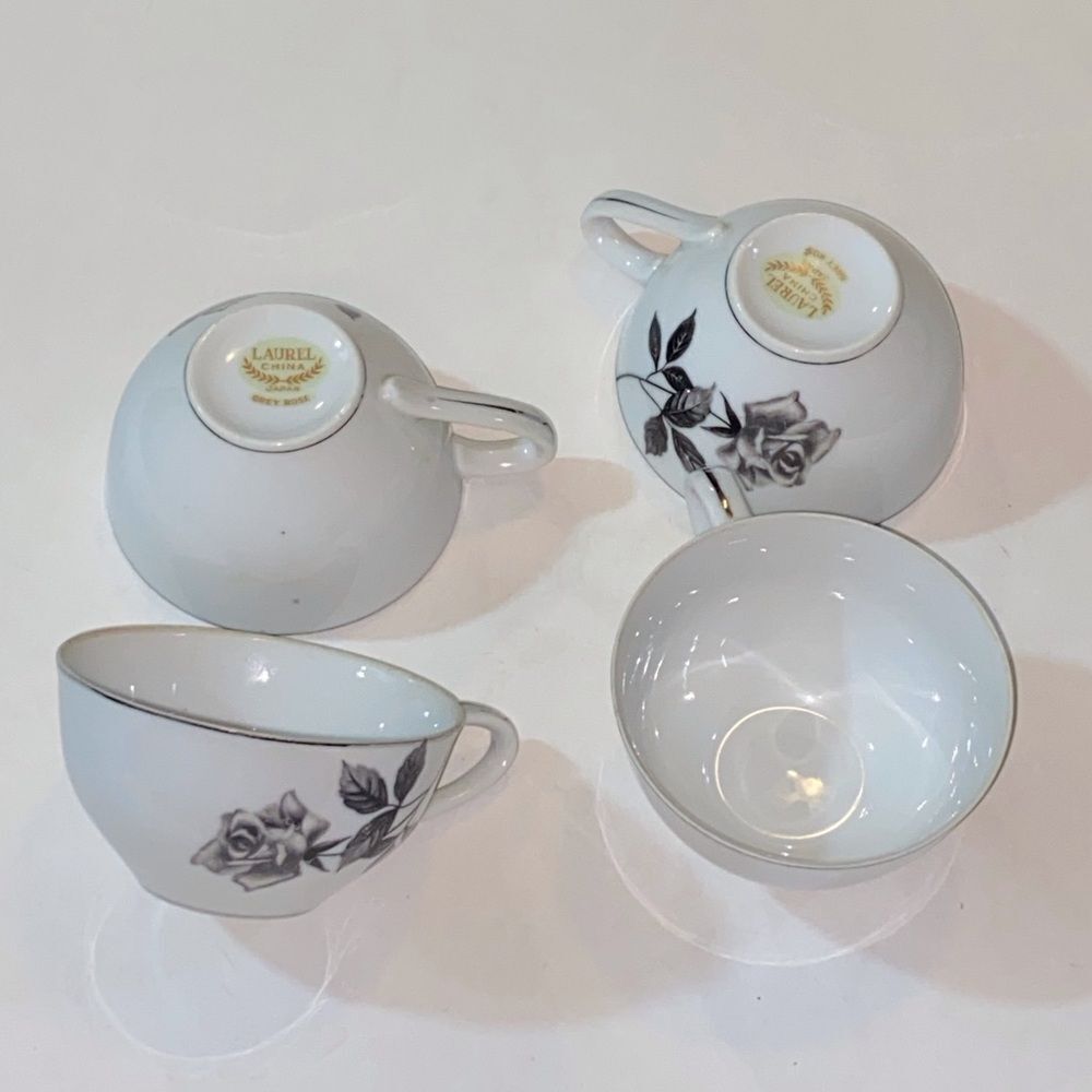 Laurel China & Japan Grey  Rose Chic White Teacups with Black Floral Design Five